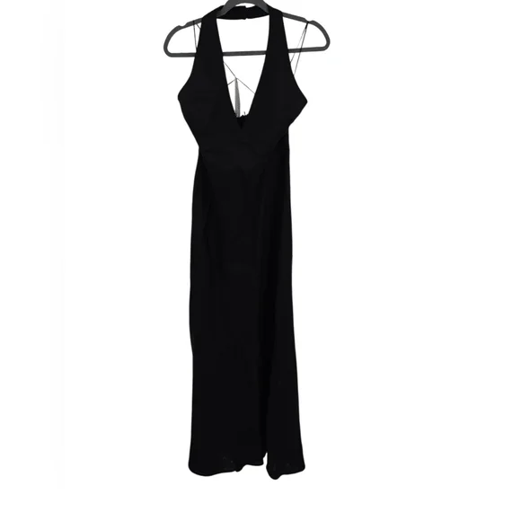 New Reformation Delilah Linen Maxi Dress Black V Neck Vacation Cocktail 8  Maxi
